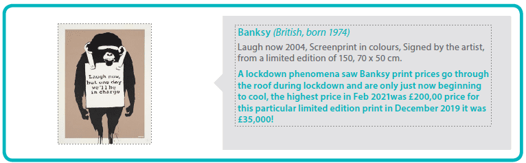 Banksy (British, born 1974)
Laugh now 2004, Screenprint in colours, Signed by the artist, from a limited edition of 150, 70 x 50 cm.
A lockdown phenomena saw Banksy print prices go through the roof during lockdown and are only just now beginning to cool, the highest price in Feb 2021was £200,00 price for this particular limited edition print in December 2019 it was £35,000!