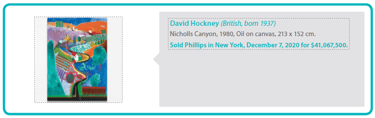 David Hockney (British, born 1937)
Nicholls Canyon, 1980, Oil on canvas, 213 x 152 cm.
Sold Phillips in New York, December 7, 2020 for $41,067,500.