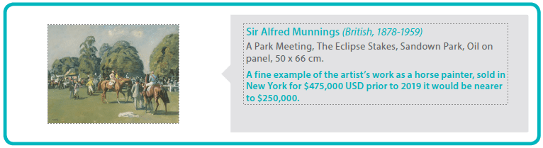 Sir Alfred Munnings (British, 1878-1959)
A Park Meeting, The Eclipse Stakes, Sandown Park, Oil on panel, 50 x 66 cm.
A fine example of the artist’s work as a horse painter, sold in New York for $475,000 USD prior to 2019 it would be nearer to $250,000.