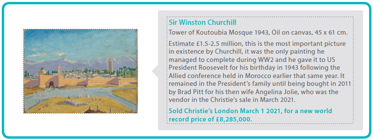 Sir Winston Churchill
Tower of Koutoubia Mosque 1943, Oil on canvas, 45 x 61 cm.
Estimate £1.5-2.5 million, this is the most important picture in existence by Churchill, it was the only painting he managed to complete during WW2 and he gave it to US President Roosevelt for his birthday in 1943 following the Allied conference held in Morocco earlier that same year. It remained in the President’s family until being bought in 2011 by Brad Pitt for his then wife Angelina Jolie, who was the vendor in the Christie’s sale in March 2021.
Sold Christie’s London March 1 2021, for a new world record price of £8,285,000.