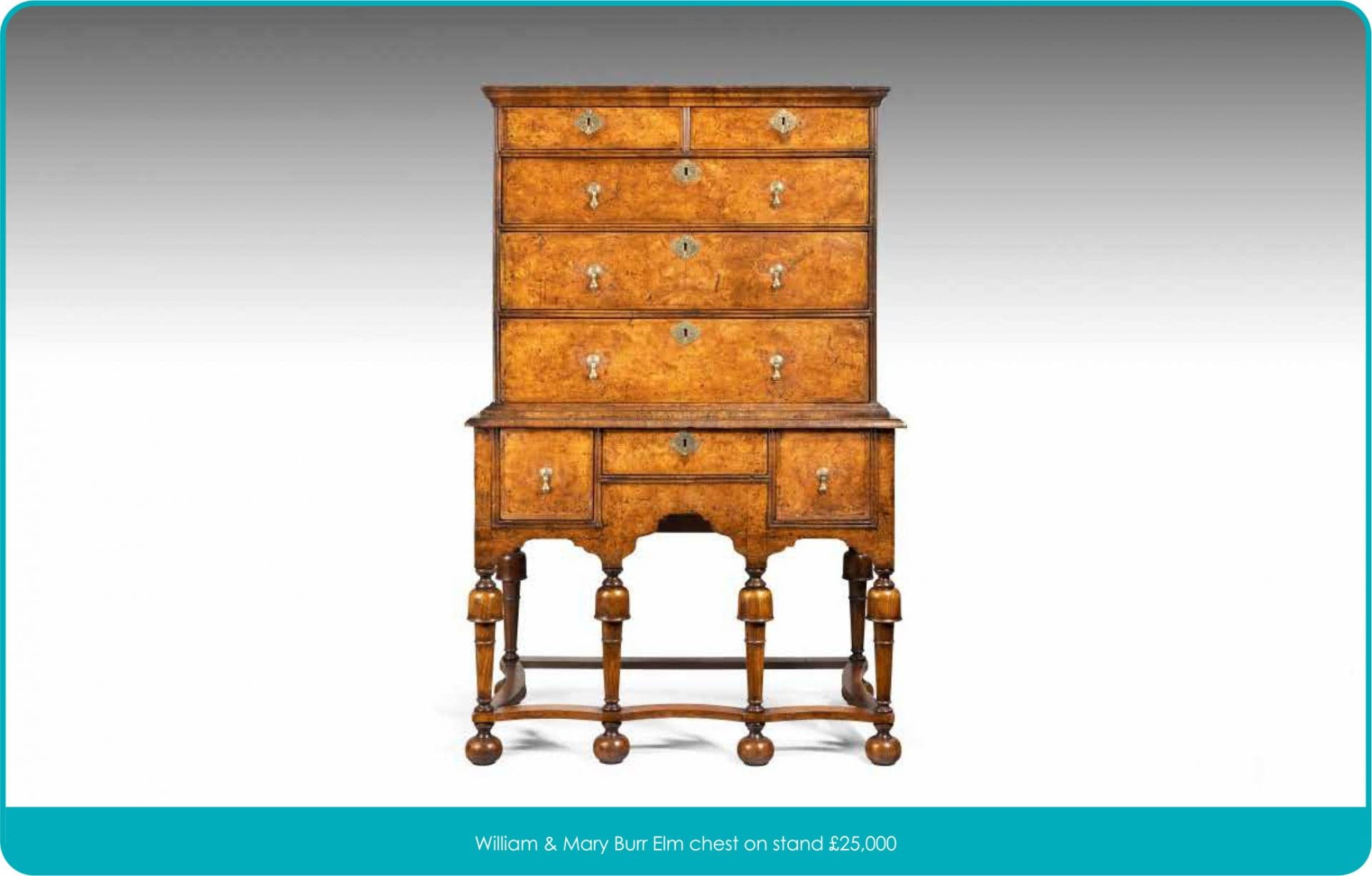 William and Mary Burr Elm Chest on Stand 25,000