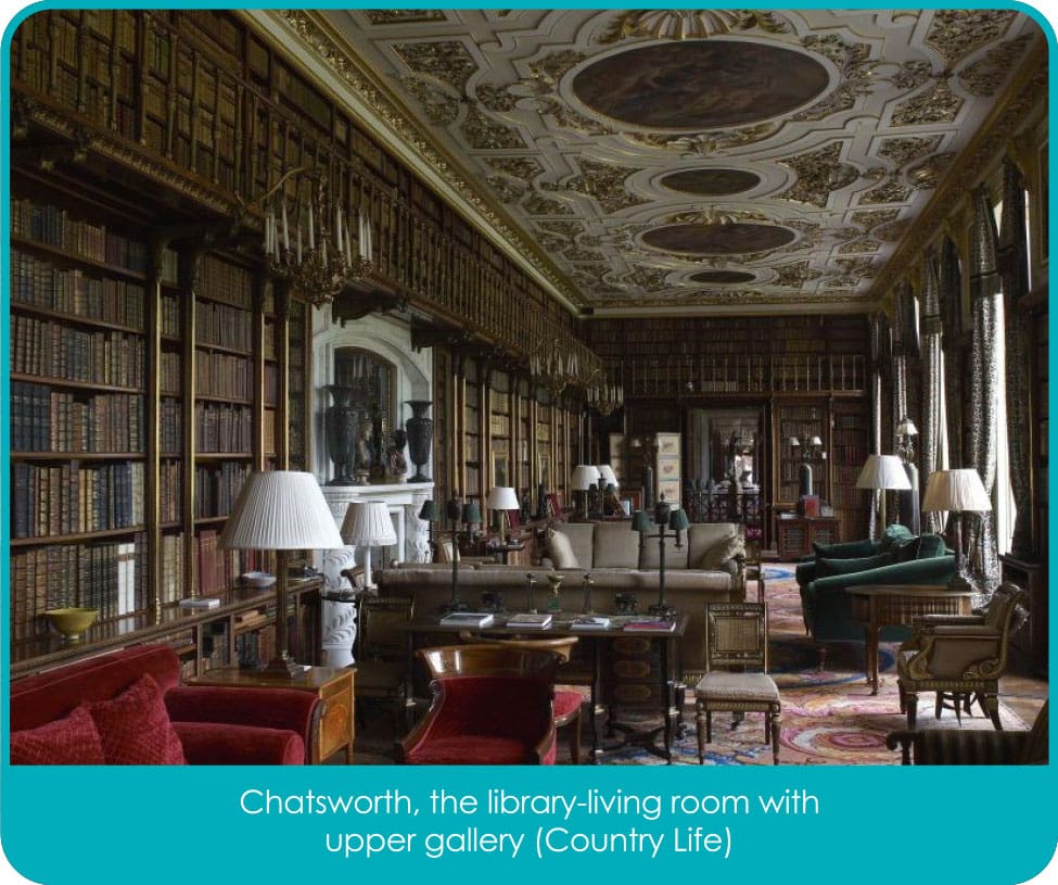 Chatsworth, the library-living room with upper gallery - caring for books