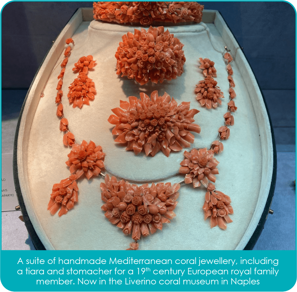 A suite of handmade Mediterranean coral jewellery, including a tiara and stomacher for a 19th century European royal family meber. Now in the Liverino coral museum in Naples.
