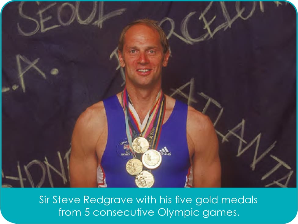 Sir Steve Redgrave with his five gold medals from 5 consecutive Olympic games.