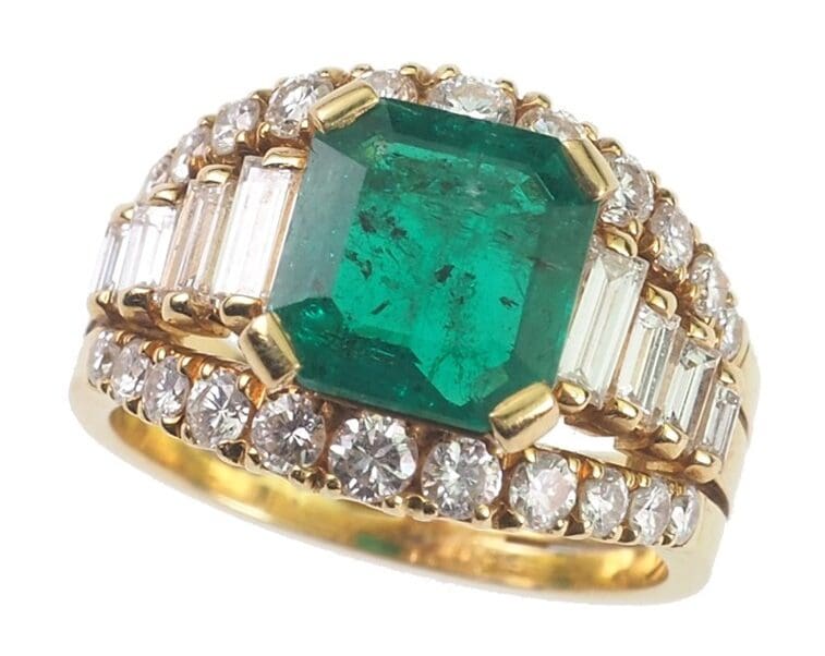 an example of a diamond and 2.10ct Austrian emerald ring currently retailing for €14,500.