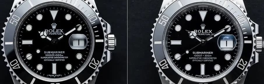 A fake dial v a genuine dial on a Rolex