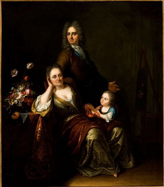 A portrait of Rachel Ruysch and Juriaen Pool and their Son Jan Willem by Juriaen Pool