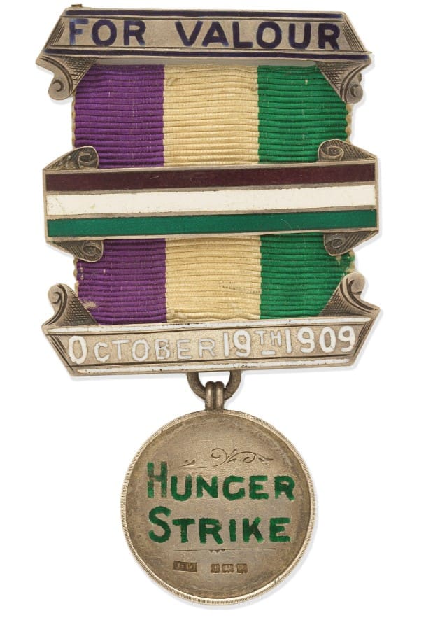Lot 14 Hunger Strike Medal 1912, WSPU to Maud Joachim, the first woman to hunger strike in Scotland, sold for £41,600, insurance value £75,000.