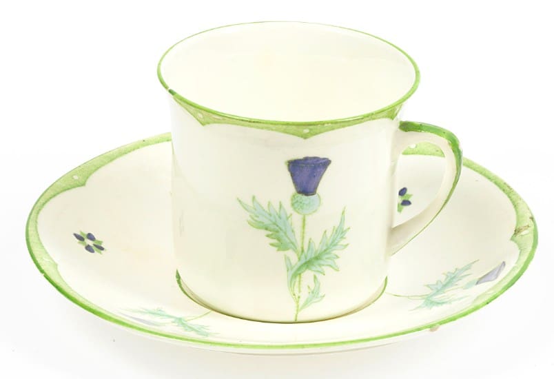 Lot 15 Scottish Cup and Saucer, designed by Sylvia Pankhurst, for The Scottish WSPU Exhibition, Glasgow 1910. Sold for £3,200, insurance value