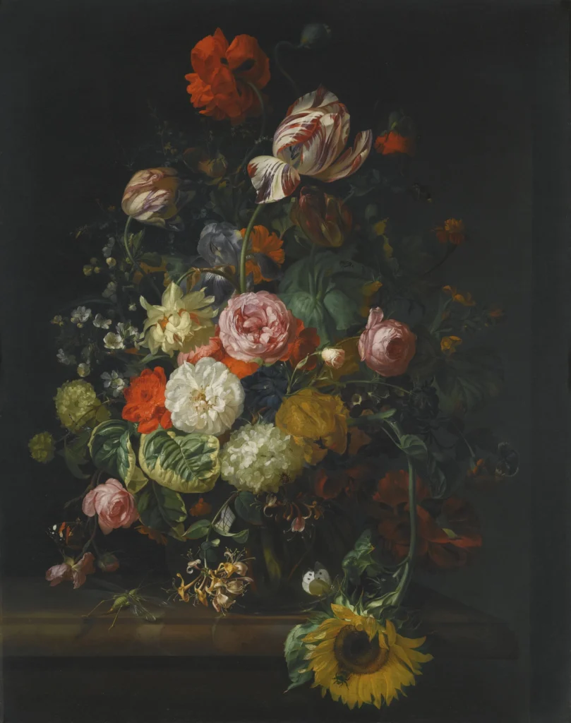 Still Life of Roses, tulips, a sunflower and other flowers in a vase with a bee , by Rachel Ruysch World Record