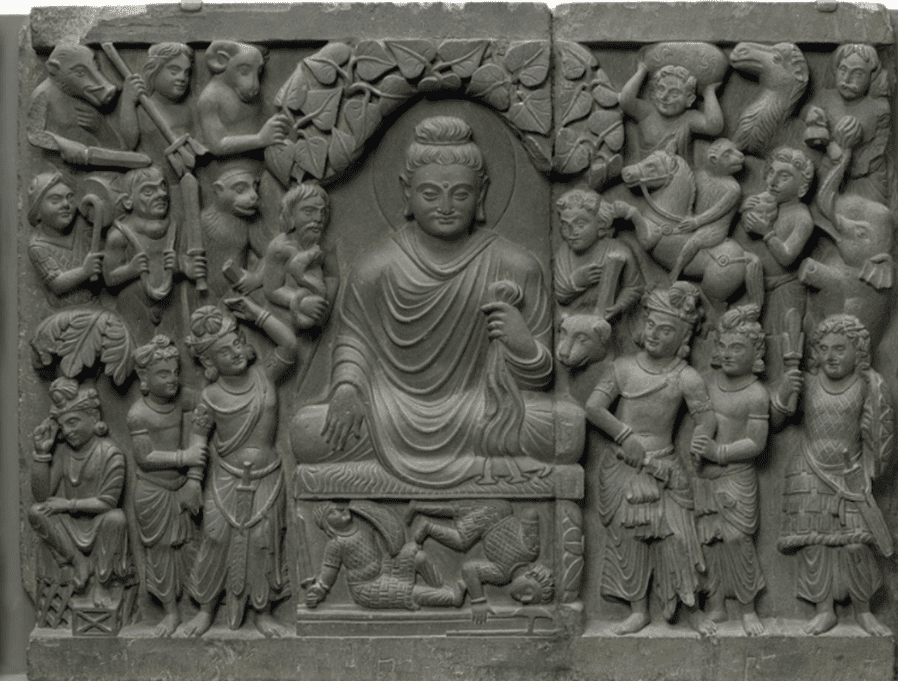 Gandharan frieze of the Buddha displaying the bhumisparsha mudra. Source: Smithsonian National Museum of Asian Art