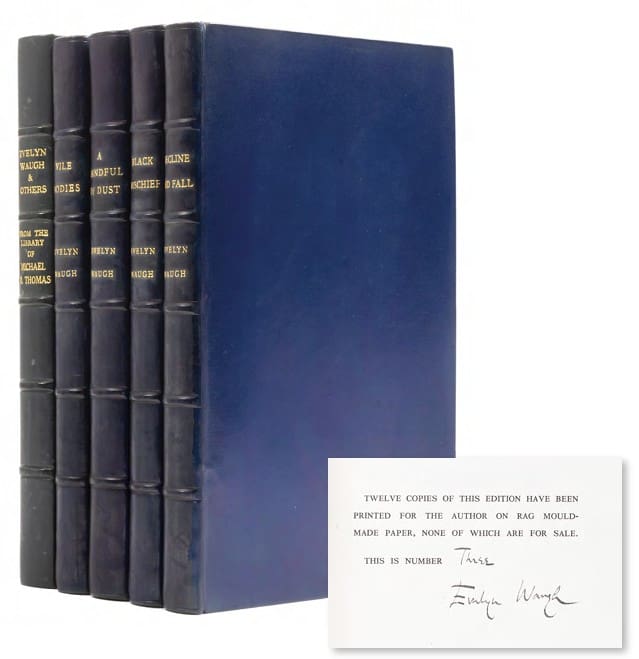 A superb set of four special editions of Evelyn Waugh’s novels, Decline and Fall, Vile Bodies, A Handful of Dust, and Black Mischief.