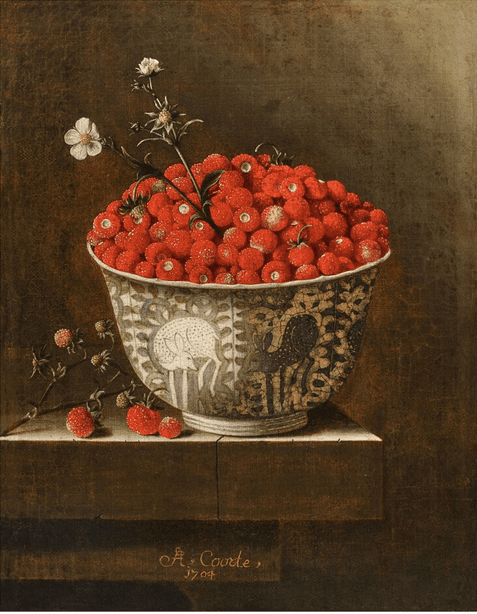 Adriaen Coorte Still life of a Porcelain Bowl with Wild Strawberries. Saunders Collection Old Master Sale.