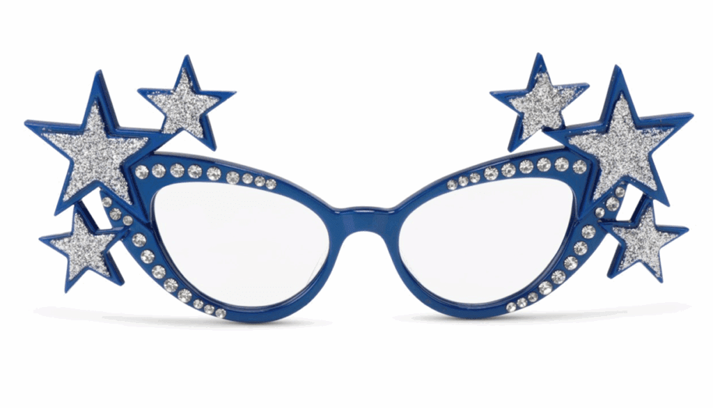 Christies, 13th February 2025, Barry Humphries: The Personal Collection, Lot 233 – A pair of glittered star and diamante blue lacquered spectacles by David – Sold for £30,240