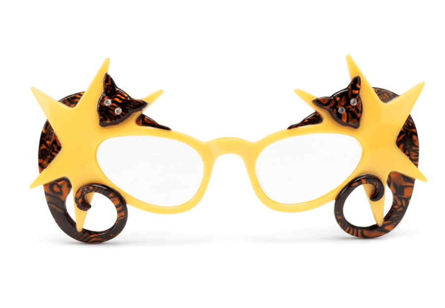 Christies, 13th February 2025, Barry Humphries: The Personal Collection, Lot 24 – A pair of yellow lacquered ‘possum’ spectacles by Anglo American Eyewear – Sold for £37,860)