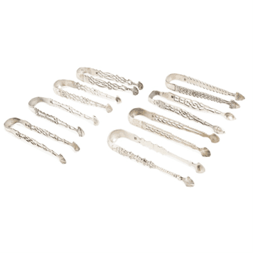 A collection of eight pairs of antique provincial cast silver sugar tongs. York, various dates and makers. Sold for £1,512.