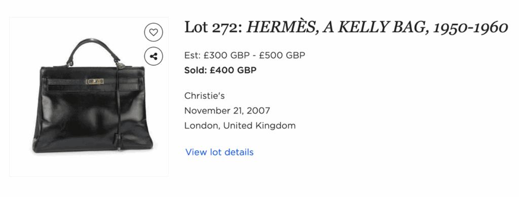 Hermes Kelly selling at Christies in 2007 for £400 and in 2023 selling at Bonhams for £7650