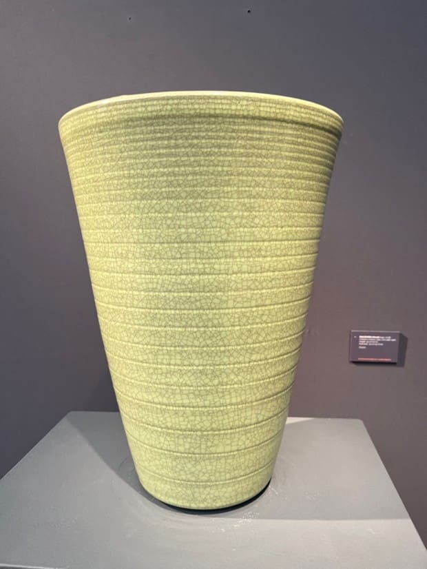 Green celadon vase with a Guan-style crackle ware by Nakashima Hiroshi (1941-2018), circa 1990, 43cm high, 32cm diameter. Asking price: 8,500 GBP. Viewed at Joost van den Bergh Gallery at Frieze Masters 2025. Photograph by Ashley Innes.