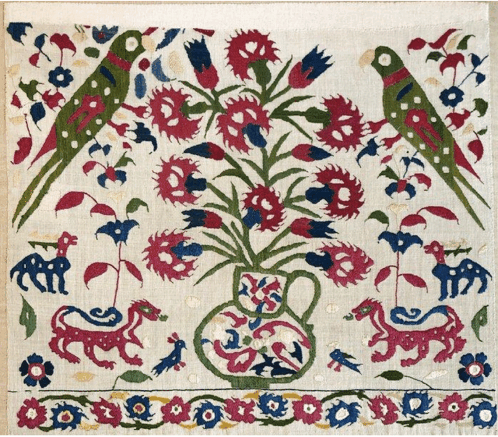 Epirus textile on a beige linen ground cloth, darning stitch with polychromatic silk threads by an anonymous artist, 17th century, 53 x 46 cm (fragment). Viewed at Moshe Tabibnia Gallery at Frieze Masters 2025. Photograph by Moshe Tabibnia Gallery.