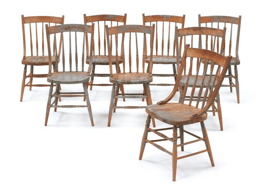 A set of eight early 20th century French dining chairs were included in the sale. The set, although stylish, were in generally worn condition, as such were offered with a modest estimate of £300 – 500. When sold they achieved a hammer price of £8,000.