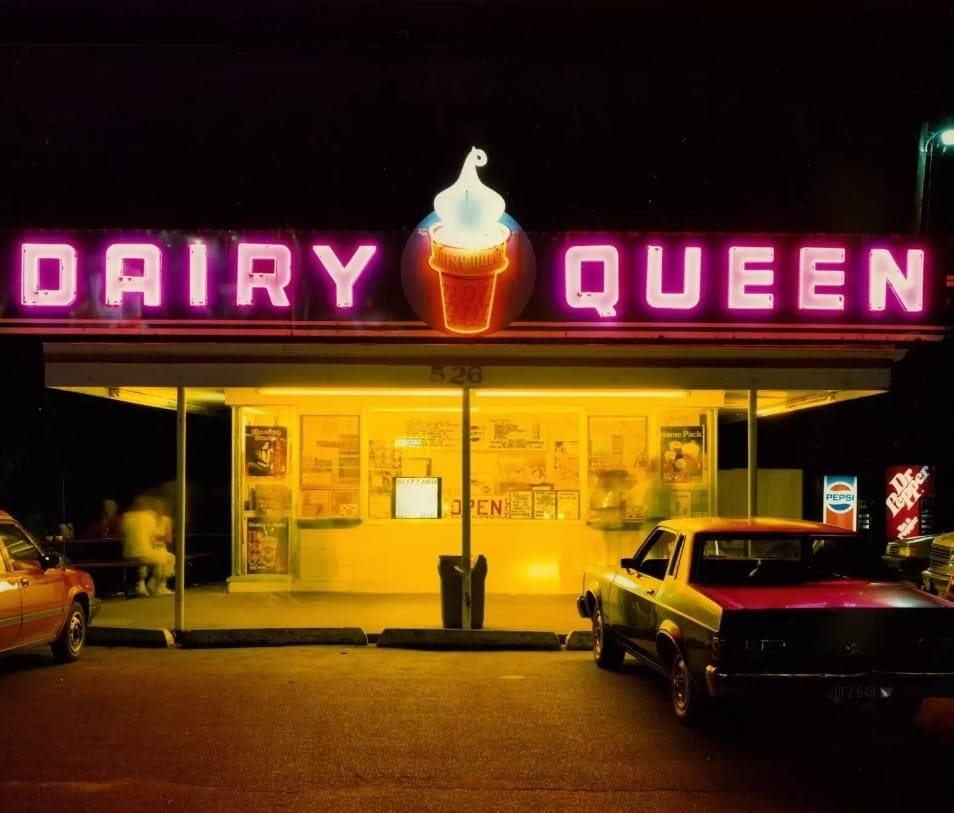 Dairy Queen at Night from front, US 6, Iowa City, IA 1988, by American photographer Jim Dow