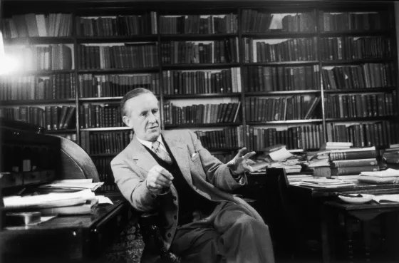 J R R Tolkein in his office