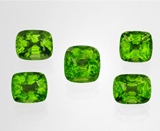 Faceted peridot samples from the Pyaung-Gaung mine in Mogok, Myanmar.