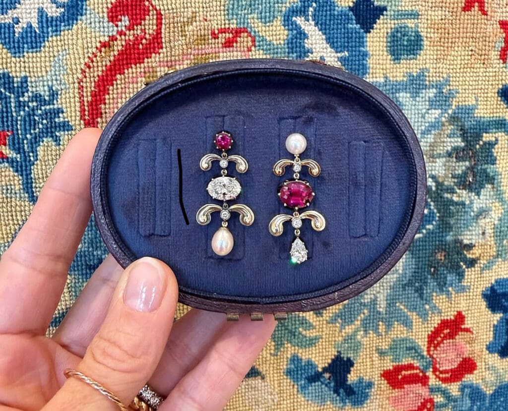 Custom made garnet, pearl and diamond drop earrings.