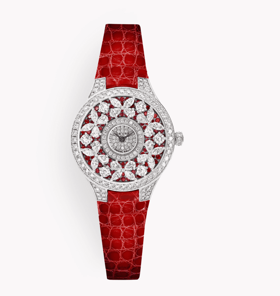 Classic Butterfly Diamond and Ruby watch on an alligator skin strap retails for £132,000