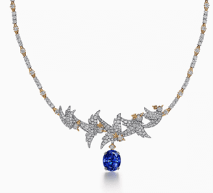 Bird on a Rock by Tiffany Necklace in Platinum & Gold with Tanzanite & Diamonds, retailing for £387,000