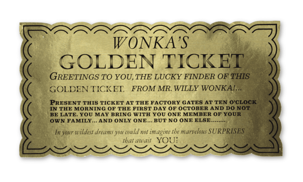 A prop ‘Golden Ticket’ from the 1971 film Willy Wonka and the Chocolate Factory