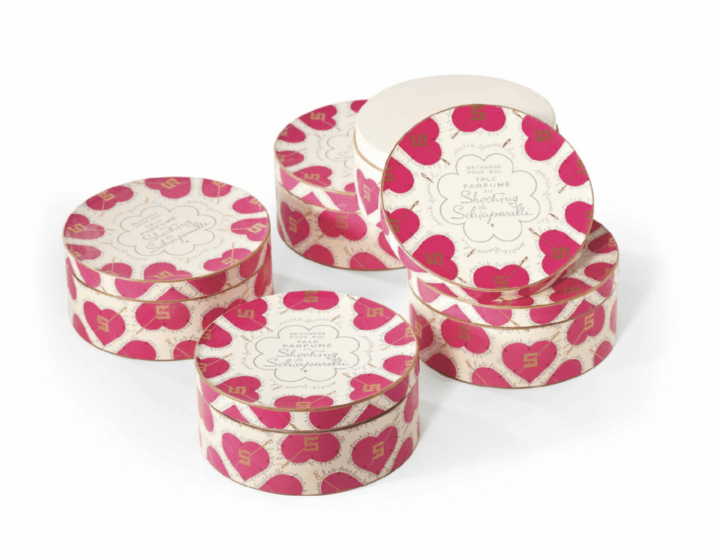 A collection of five Schiaparelli ‘Shocking’ talc boxes, c. 1936 – Sold Christies, January 2014 as part of the Elsa Schiaparelli collection for 2,500 euros.
