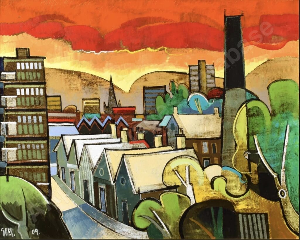 MIll Town with Red Sky. Sold atauction for £9,000 in April 2025. INsurance value would be approx. £18,000.