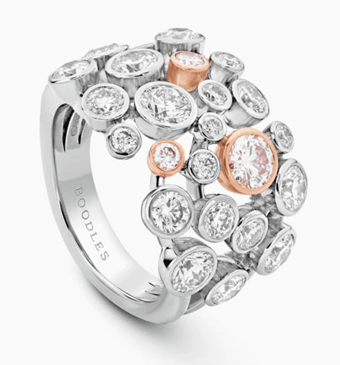 The Boodles Raindance 25 Pink and White Diamond Platinum Ring, 2.40 carats white diamond, 0.42 carat pink diamonds. Recommended replacement value £84,000