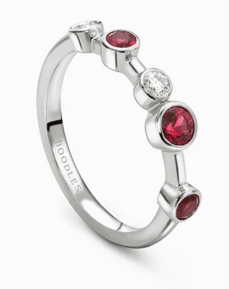The Boodles Raindance Half Hoop Platinum Ruby Ring, recommended replacement value £3,900. The replacement value on this ring has increased by 15% in two years.
