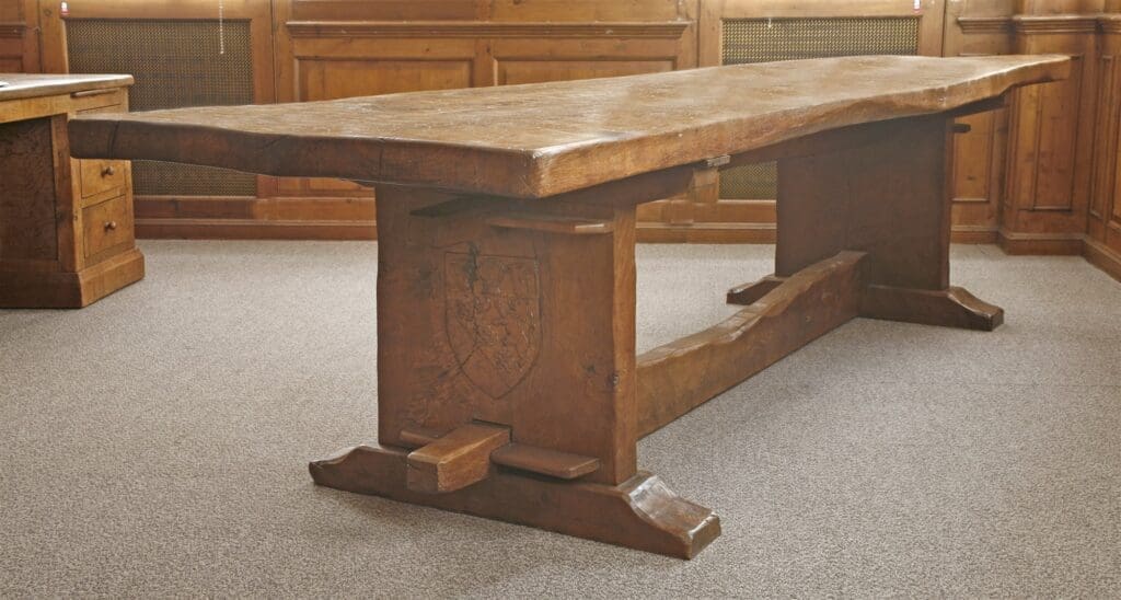 A Robert ‘Mouseman’ Thompson oak refectory tablesold for £28,000. Photo courtesy of Sworders Auctions.