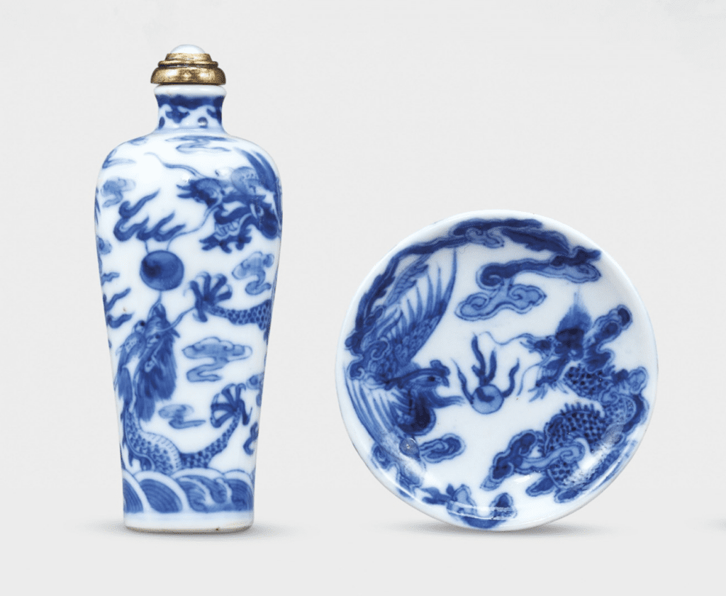 A blue-and-white snuff bottle with base sold at Christie’s Hong Kong in 2020. Photograph by Christie’s.