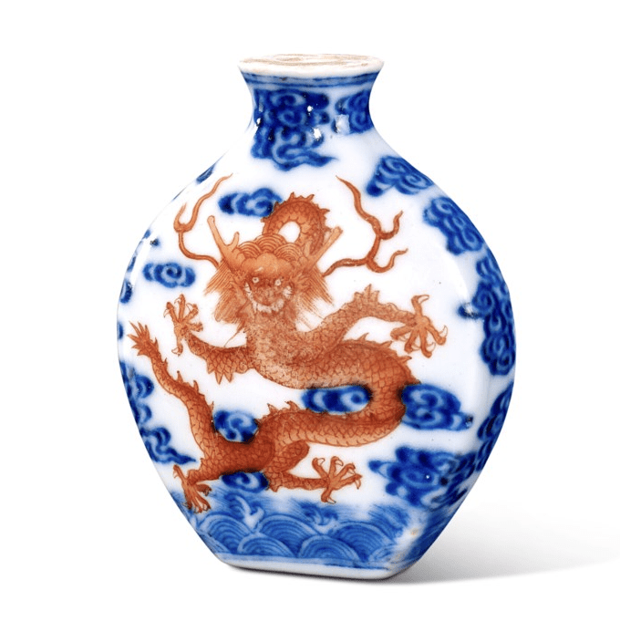 A blue-and-white with red snuff bottle with base sold at Christie’s Hong Kong in 2023. Photograph by Christie’s.
