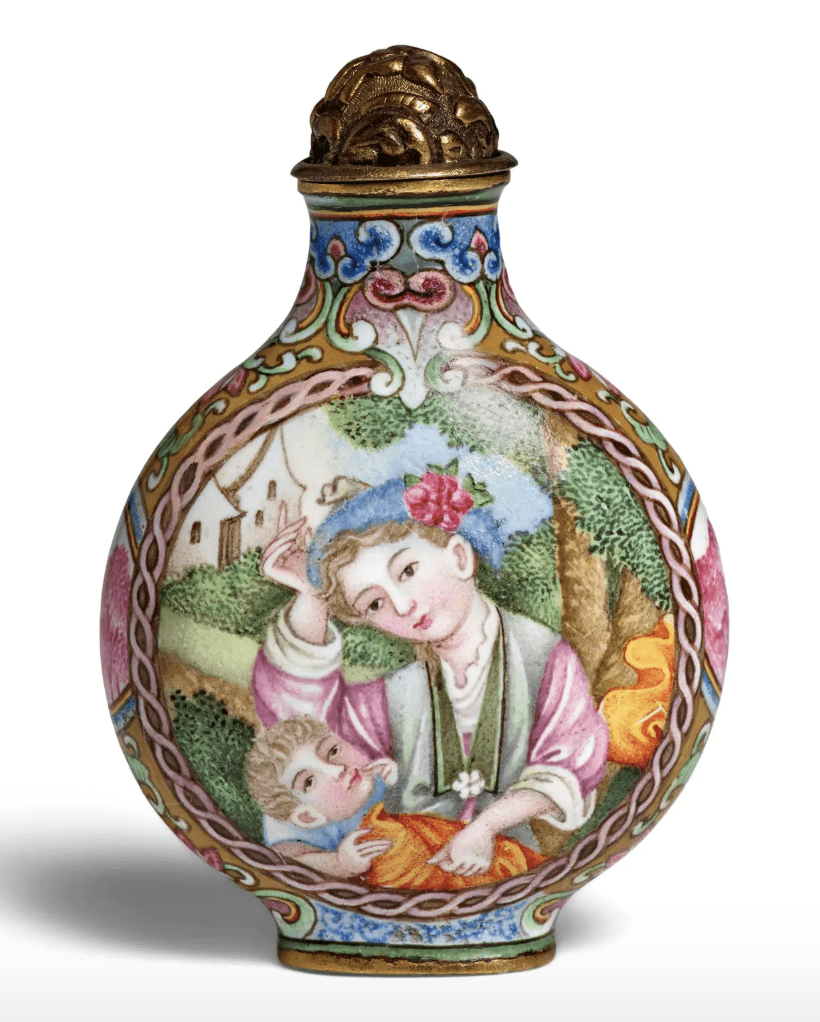 An Imperial, Jesuit-style snuff bottle from Qianlong’s court, evidencing cultural exchange between Portugal and China, sold at Bonhams for $121,150 (91,500 GBP) in 2026. Photograph by Bonhams.